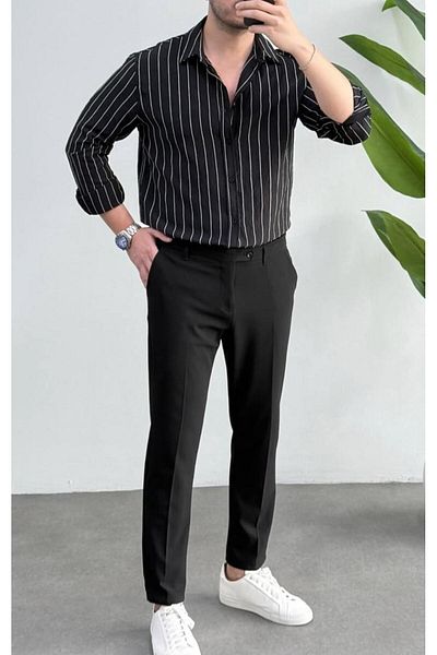 JACK CAPRİO Ανδρικό λινό πουκάμισο Flam ριγέ Oversize