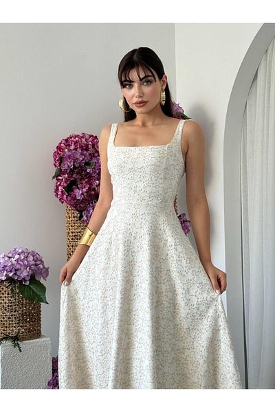 Julidress Φόρεμα Premium Design με μπεζ κέντημα με ανάγλυφο λουλουδάτο μοτίβο και λουράκι