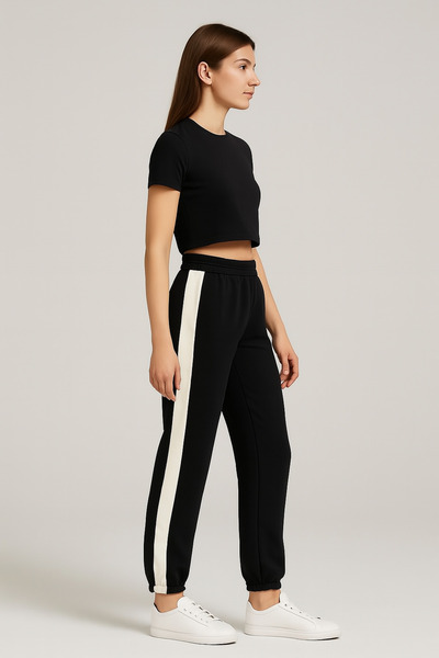 MONARCHMODA Women's Sweatpants (Women's Black Side Strip and Double Pocket Detail Jogger Tracksuit Bottoms)