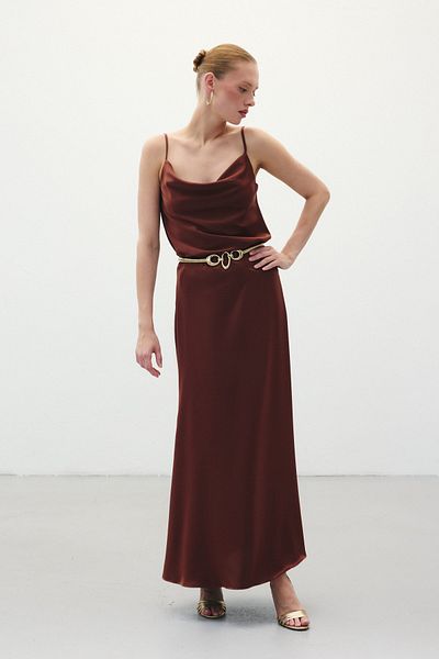 Sateen Μακριά Σατέν Φούστα - Καφέ