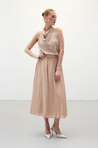 Sateen Kraşlı Flared Skirt - Powder
