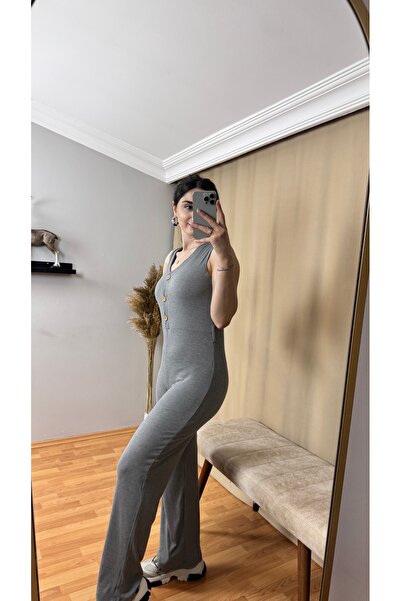 TEXXANA Gri Fitilli Kaşkorse Kumaş Düğmeli Kolsuz V Yaka Uzun Tulum Elbise