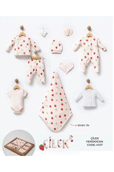 by bubbles Organik Pamuk Çilek Baskılı 10 Parça Kutulu Hastane Çıkış Seti