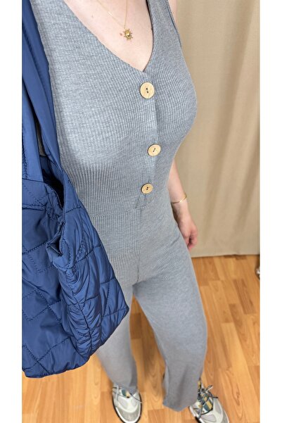 TEXXANA Gri Fitilli Kaşkorse Kumaş Düğmeli Kolsuz V Yaka Uzun Tulum Elbise