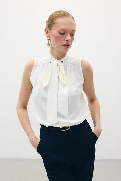 Sateen Sleeveless Blouse with Scarf - Ecru