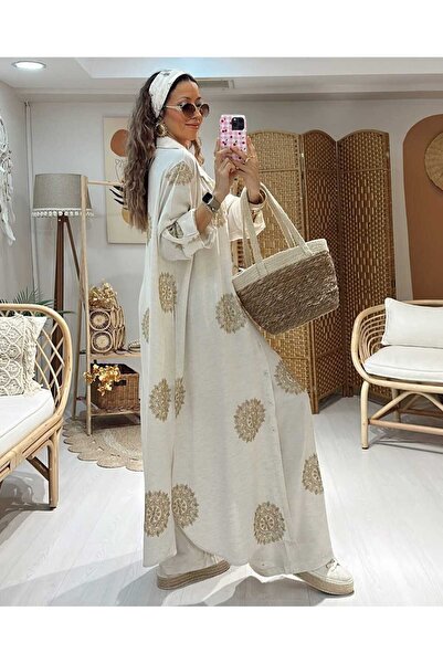 QUAWEAR Πουκάμισο γιακά Χρυσό Ασημί Κεντημένο Μακρύ Τουνίκ Σετ Παντελόνι με Πλαϊνές Τσέπες