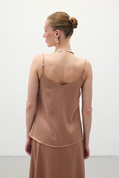 Sateen Bluză din satin Camel - Guler Degaj