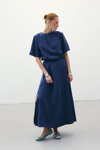 Sateen Slit Long Skirt - Indigo