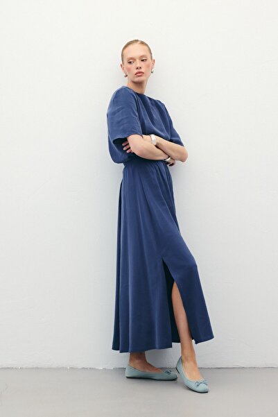 Sateen Yırtmaçlı Uzun Etek - İndigo