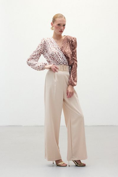 Sateen Wide Leg Trousers with Waist Accessories - STONE