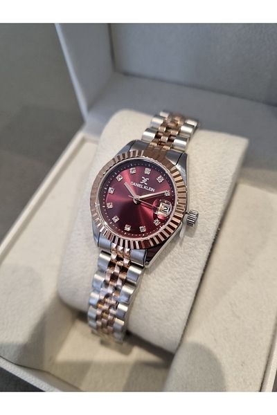 Daniel Klein New Model Dk - Rose Bicolor Steel Bracelet Plum Dial Women's Wristwatch+Gift Bracelet