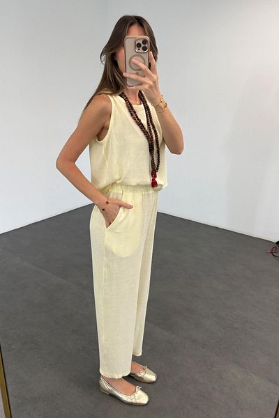 5in1Canpolat Yellow Zero Sleeve Blouse Pants Set
