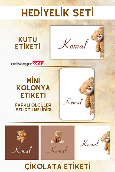 Netsan Etiket Ayıcık Desen Kahverengi Hediyelik Etiket Seti - Çikolata - Kolo...