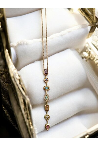 GLOW LUXE قلادة Vip من الفولاذ بتصميم Y خاص للسيدات مع حجر ملون مكون من 7 عناصر