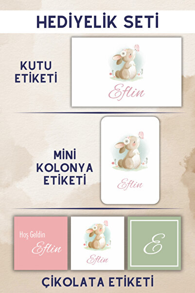 Netsan Etiket Kız Bebek Tavşan Desen Etiket Seti - Sticker - Çikolata Kolonya Kutu Etiketi