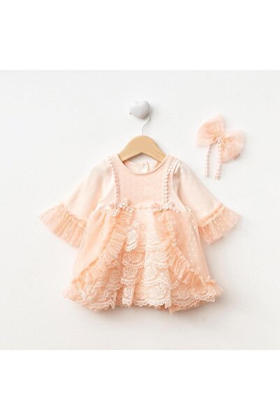 Ürünya Kız Bebek Uzun Kollu Bandanalı Tüllü Tokalı Elbise