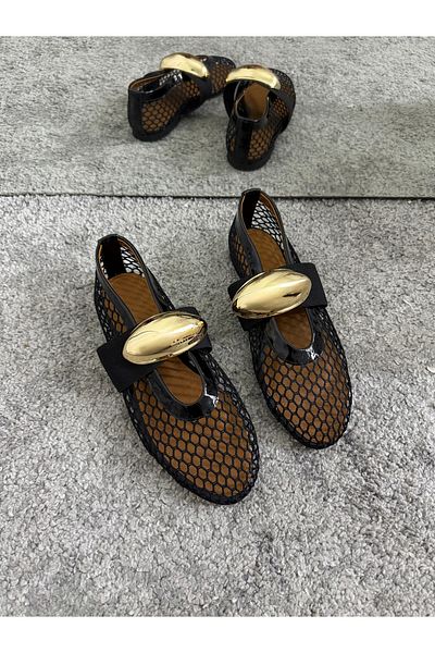 MYVOLANTE Black Mesh Detail Women's Ballerinas
