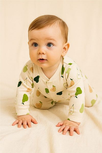 dinamik çocuk Pear Printed Corded Romper for Baby Boy - 100% Cotton, Stretchy, 1-3-6 Months