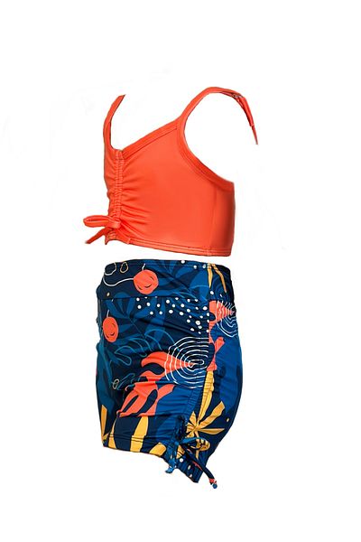Tides Girls Swimsuit Set with Shorts / Tropical Shorts and Orange Top