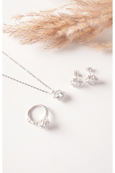 SUNSHINE 925 Ayar Gümüş , Lotus Çiçeği Tek Taşlı Şık Tasarımlı Kolye, Küpe ve Yüzük Seti