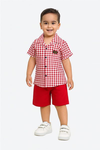 dinamik çocuk 2-Piece Set with Satin Shirt and Shorts for Boys - Summer, Pitta, Short Sleeve (FULL FIT)