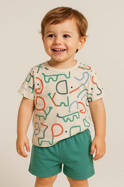 dinamik çocuk Baby Boy Elephant Patterned Colorful Elephant 2-Piece Summer Set Top and Bottom 6-9-12Months