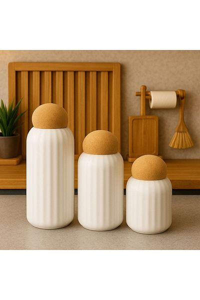 ENYAZA(2024) Set of 3 Ball Cork Lid Striped Porcelain Jar and Spice Jar