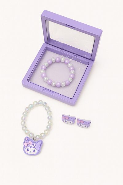 MakeWell Boxed Glitter Kuromi Design Compression Earring Bracelet Set Boxed Kuromi Necklace Bracelet Set