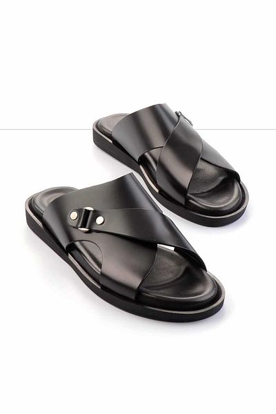 Bambi Black Opening Genuine Leather Men's Slippers E 04433002914