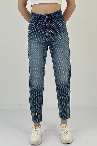 Miss Poem Women's Loose Wide Leg Mom Stone Jeans Blue Denim Trousers