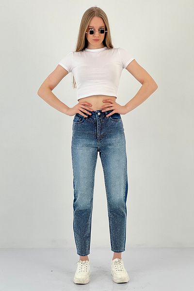 Miss Poem Women's Loose Wide Leg Mom Stone Jeans Blue Denim Trousers