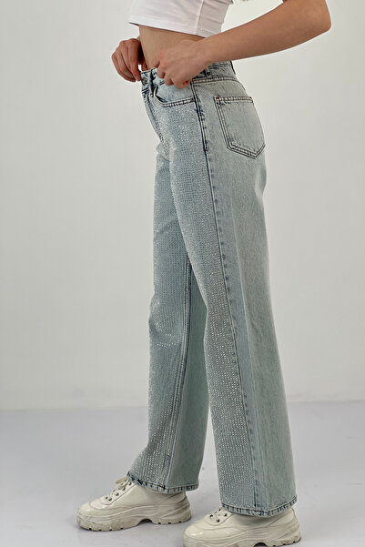 Miss Poem Blugi de damă cu picioare largi, cu strasuri, pantaloni largi, albastru gheață