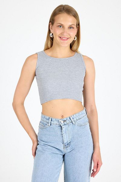 Arma Yıldız Women's Cotton Ribbed Halter Neckline Thick Strap Crop Gray
