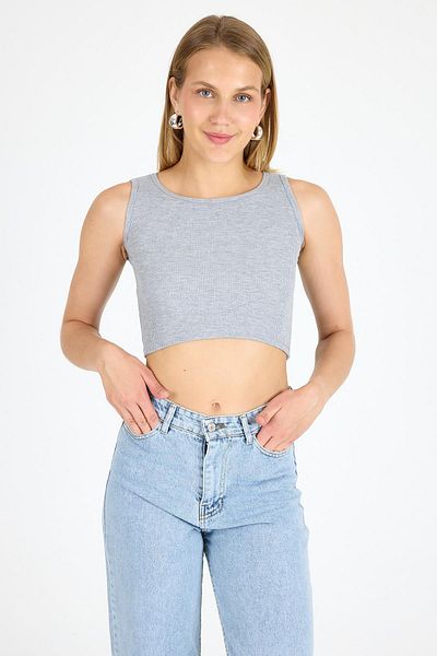 Arma Yıldız Women's Cotton Ribbed Halter Neckline Thick Strap Crop Gray