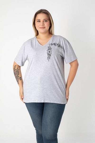 Orly More Printed Slit Cotton Women's V-Neck Plus Size T-Shirt