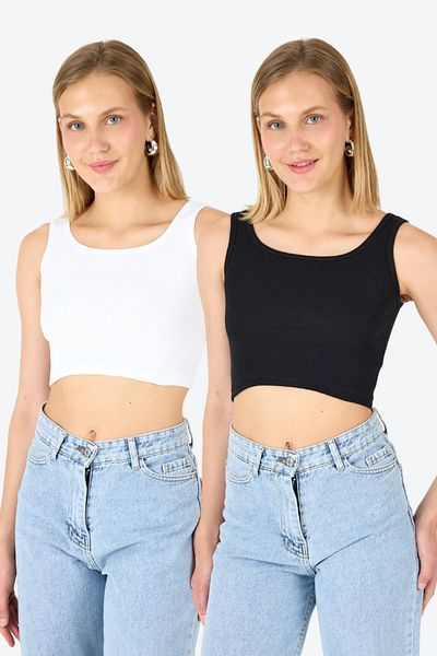 Arma Yıldız Women's Cotton Camisole Crew Neck Thick Strap Crop White Black 2 Pack