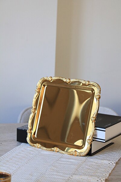 Moon Dizayn 2li Gold Işleme Güllü Kulp Tasarım Tepsi Kahve Sunum Tepsisi Seti...