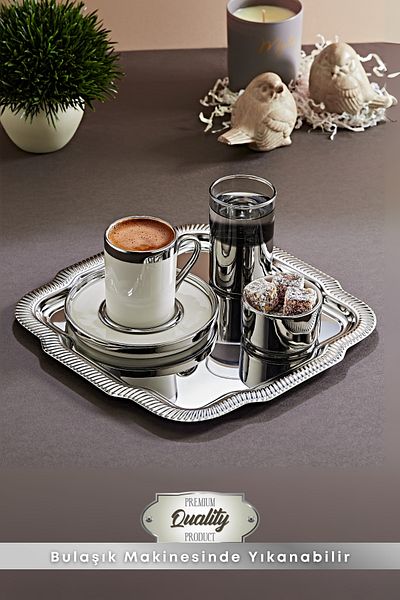 GRİMOR Life Silver Porcelain Cup with Tray Presentation Set Groom Coffee-Word Engagement Turkish Coffee Coffee Cup