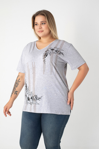 Orly More Printed Slit Cotton Women's V-Neck Plus Size T-Shirt