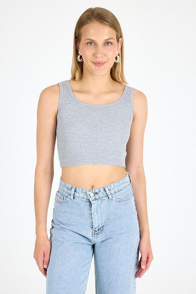 Arma Yıldız Women's Cotton Ribbed Halter Neckline Thick Strap Crop Bustier Gray