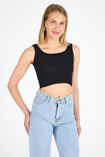 Arma Yıldız Women's Cotton Ribbed Halter Neckline Thick Strap Crop Bustier Black