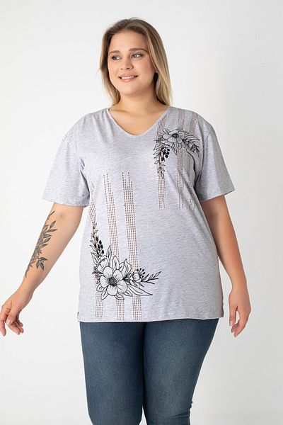 Orly More Printed Slit Cotton Women's V-Neck Plus Size T-Shirt