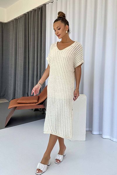 Mine Tan Butik Short Sleeve V-Neck Self-Lined Knitwear Dress - Ecru