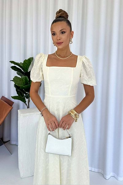 Mine Tan Butik Φόρεμα με λαιμόκοψη με μπαλόνι με λεπτομέρεια - Μπεζ