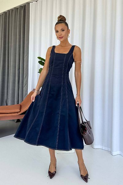 Mine Tan Butik Square Neck Kilos Cut Denim Dress - Navy Blue