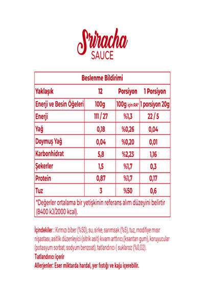 Dahafitol SRIRACHA SOS Şeker ilavesiz, Glutensiz %100 Vegan Düşük Kalori