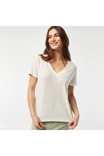 KIABI Basic linen-blend V-neck T-shirt WHITE