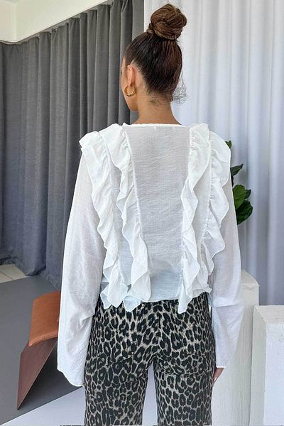 Mine Tan Butik Women's Blouse with Ruffle Detail - White