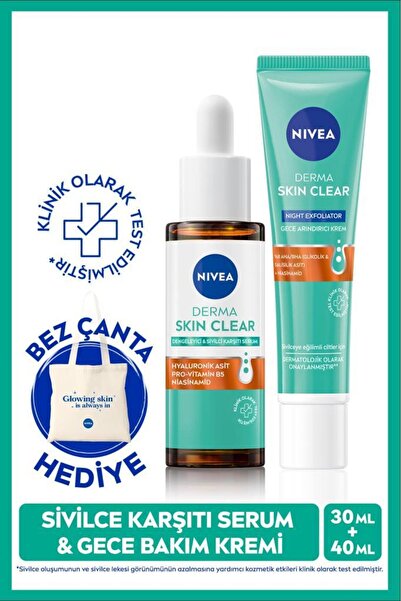 NIVEA Derma Skin Clear Karşıtı Dengeleyici Serum 30ml Ve Gece Arındırıcı Krem 40ml, Çanta Hediye
