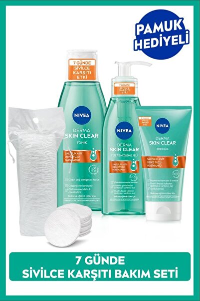 NIVEA Derma Skin Clear Karşıtı Yüz Temizleme Jeli 150ml, Tonik 200ml, Peeling 150ml, Pamuk Hediye